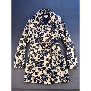 Merona Trench Coat/Jacket Blue Floral with Belt/Double Buttons / Women's S
